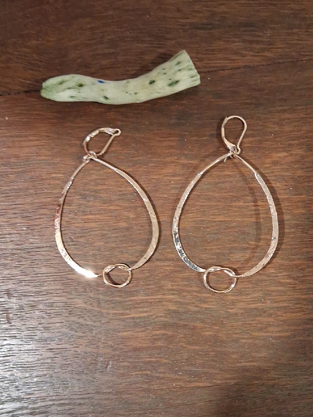 Hammered Open Teardrop Hoop Earrings with Accent Ring - Goldtone